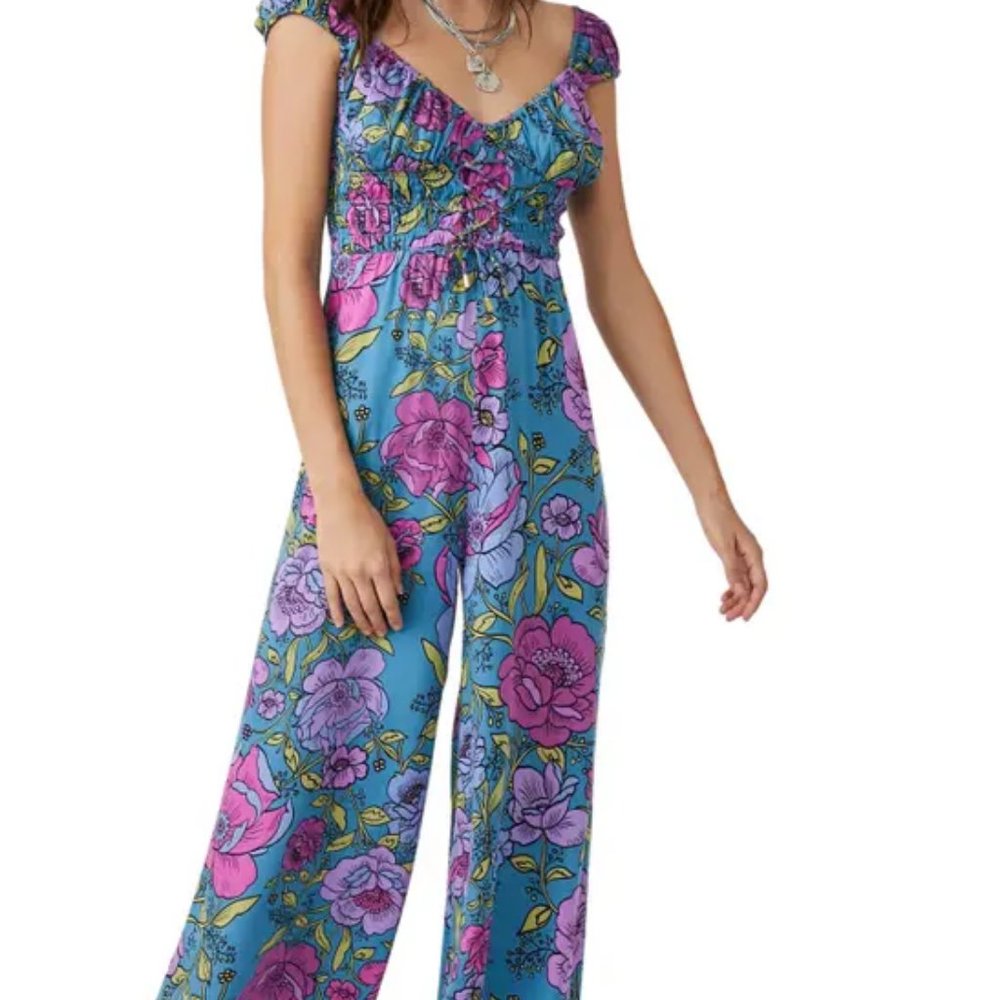 Free People Rolling Hills Jumpsuit Bluebell Combo Size Large (L)  NWT